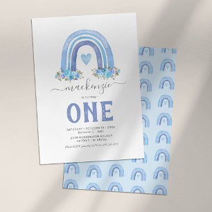 Blue Boho Rainbow 1st Birthday Invitation