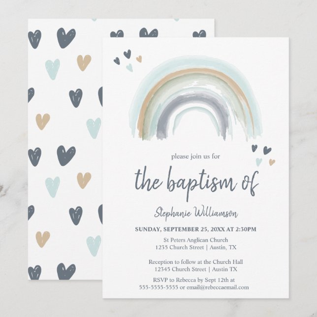  Blue Boho Rainbow Baptism Invitation (Front/Back)