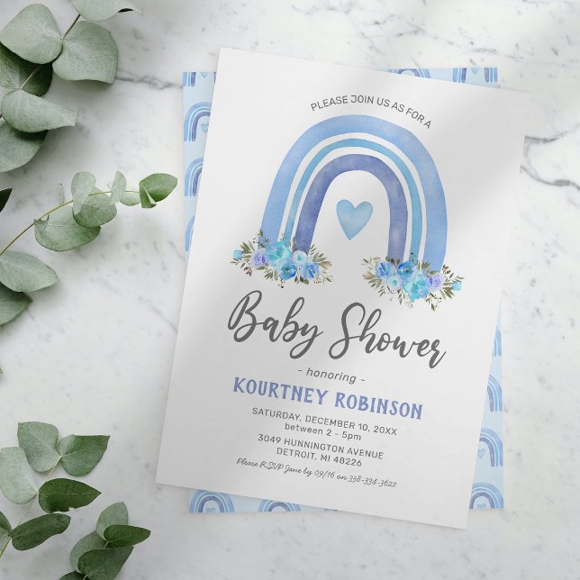 Blue Boho Rainbow Boy Baby Shower Invitation (Creator Uploaded)