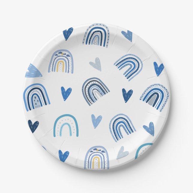Blue Boho Rainbow Theme Party Paper Plates (Front)