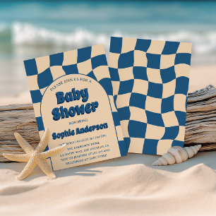 Blue Boho Retro Wavy Pattern Modern Baby Shower Invitation
