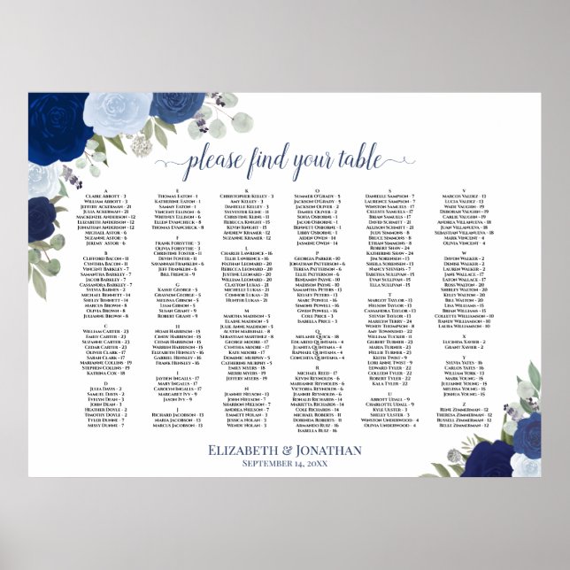 Blue Boho Roses Alphabetical Wedding Seating Chart (Front)
