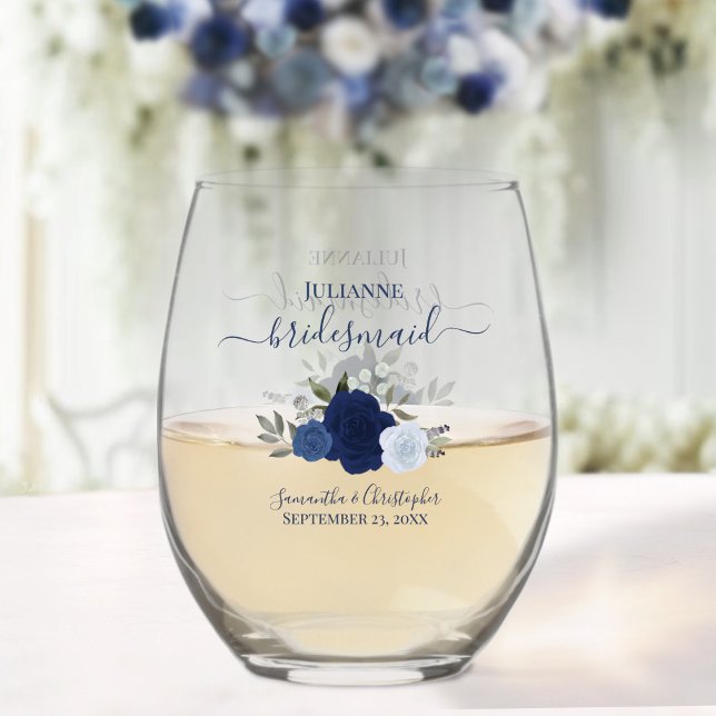 Blue Boho Roses Bridesmaid Maid of Honour Gift Stemless Wine Glass (Creator Uploaded)