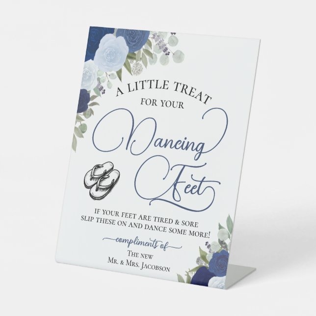 Blue Boho Roses Dancing Feet Flip Flop Wedding  Pedestal Sign (Front)