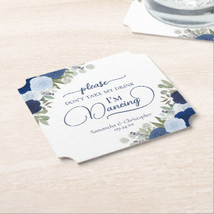 Blue Boho Roses Don't Take My Drink Wedding Paper Coaster