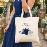 Blue Boho Roses Elegant Maid of Honour Wedding Tote Bag<br><div class="desc">These beautiful tote bags are a wonderful way to thank your maid of honour for being part of your wedding party. The design features a lovely boho chic floral cluster of hand painted watercolor roses in shades of royal, navy, and dusty blue, surrounded by sprigs of eucalyptus leaves and garden...</div>