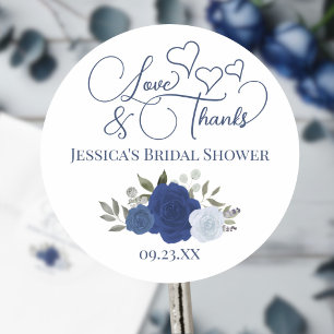 Blue Boho Roses Love & Thanks Bridal Shower Classic Round Sticker