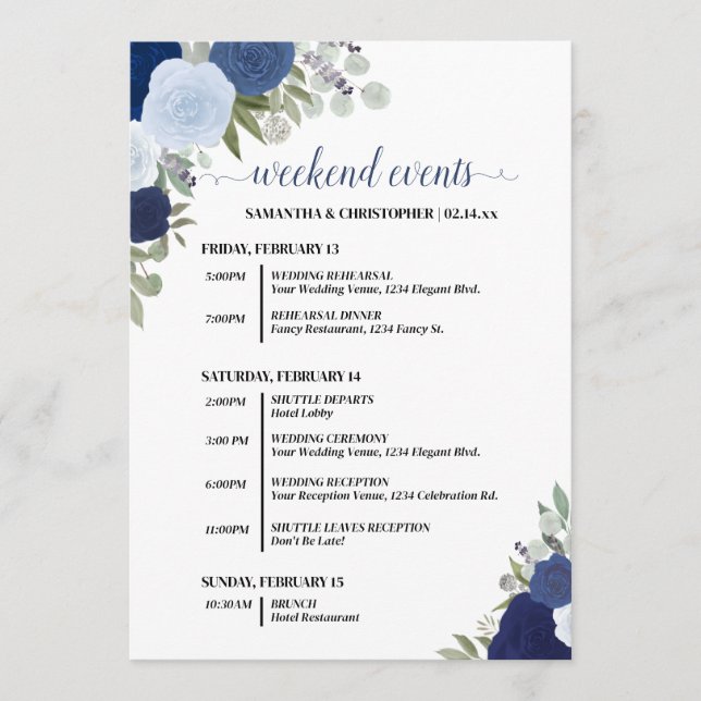 Blue Boho Roses Wedding Events & Timeline Programme (Front)