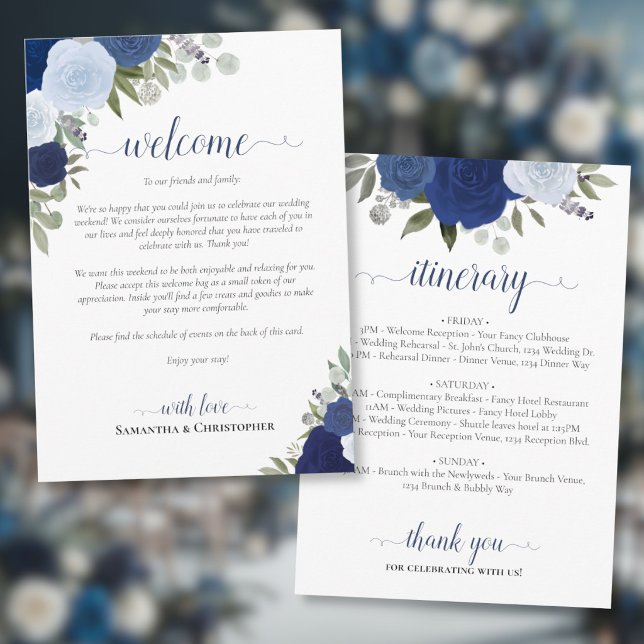 Blue Boho Roses Wedding Welcome & Itinerary Programme (Front/Back)