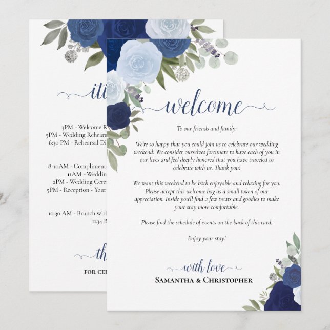 Blue Boho Roses Wedding Welcome & Itinerary Programme (Front/Back)