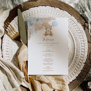 Blue Boho Teddy Bear Balloon Baby Shower Menu Card
