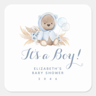 Blue Boho Teddy Bear Boy Baby Shower Square Sticker