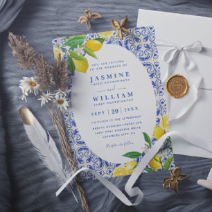 Blue Boho Tiles and Lemons QR Code Wedding Invitation