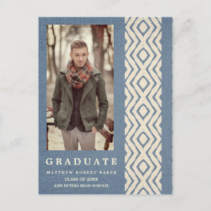 Blue Boho Tribal Textile Texture Photo Graduation Announcement Postcard