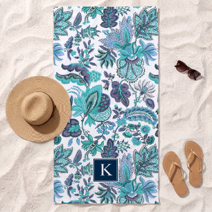 Blue Boho Vintage Floral Monogram Beach Towel