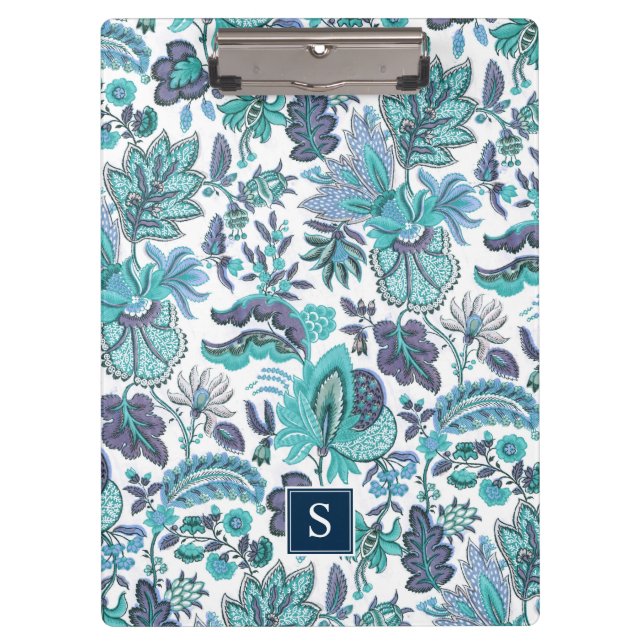 Blue Boho Vintage Floral Monogram Clipboard (Front)