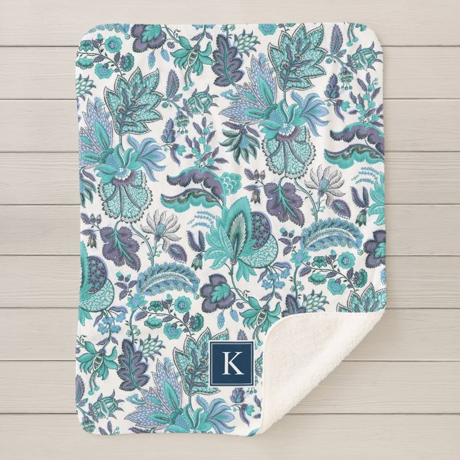 Blue Boho Vintage Floral Monogram Sherpa Blanket (Creator Uploaded)