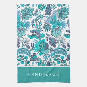 Blue Boho Vintage Floral Monogram Tea Towel