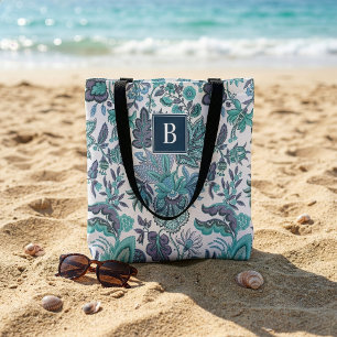 Blue Boho Vintage Floral Monogram Tote Bag