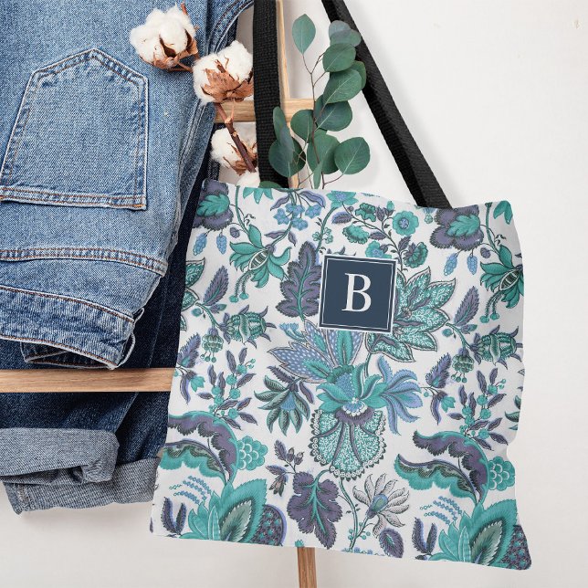 Blue Boho Vintage Floral Monogram Tote Bag (Creator Uploaded)