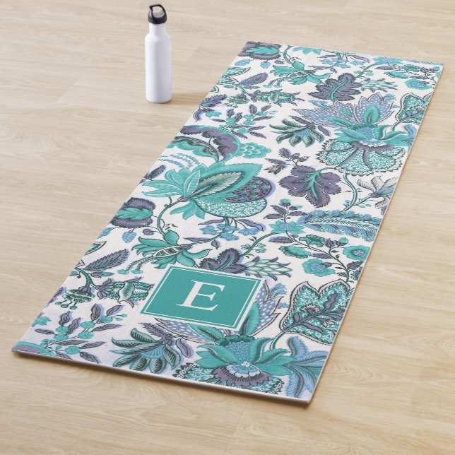 Blue Boho Vintage Floral Monogram Yoga Mat (In Situ)