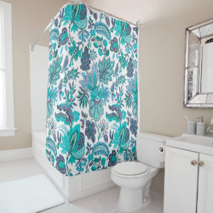 Blue Boho Vintage Floral Print Shower Curtain