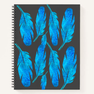 Blue boho watercolor feather art notebook