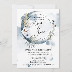 Blue Boho Watercolor Half Moon Wedding Invitation