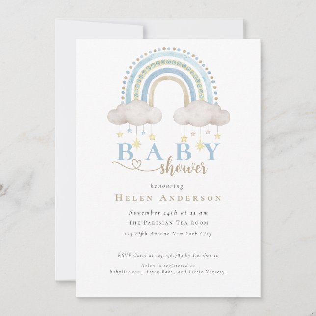 Blue Boho Watercolor Rainbow Boy Baby Shower Invitation (Front)