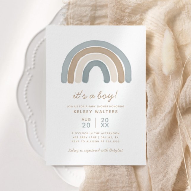Blue Boho Watercolor Rainbow Boy Baby Shower Invitation (Creator Uploaded)