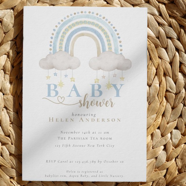 Blue Boho Watercolor Rainbow Boy Baby Shower Invitation (Blue Boho Watercolor Rainbow Boy Baby Shower Invitation)