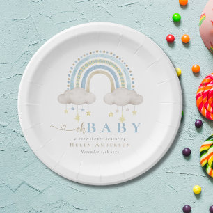 Blue Boho Watercolor Rainbow Boy Baby Shower Paper Plate