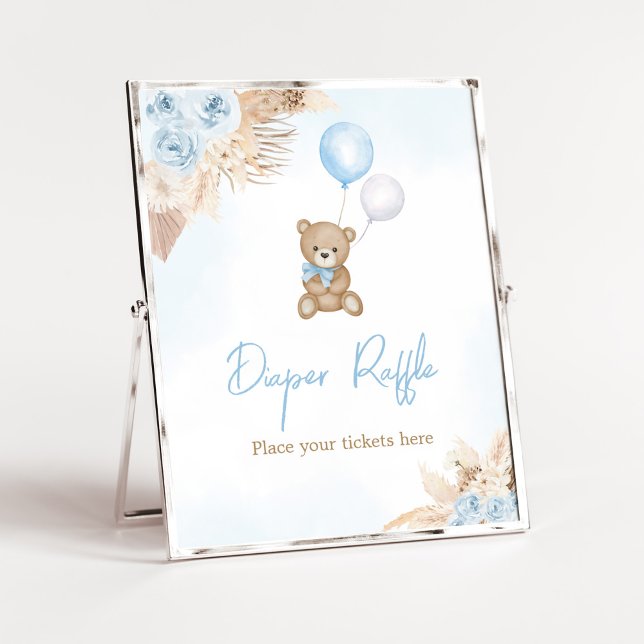 Blue Boho We Can Bearly Wait Diaper Raffle Poster (Blue Pampas Grass Boho Bear Baby Shower Diaper Raffle Sign)
