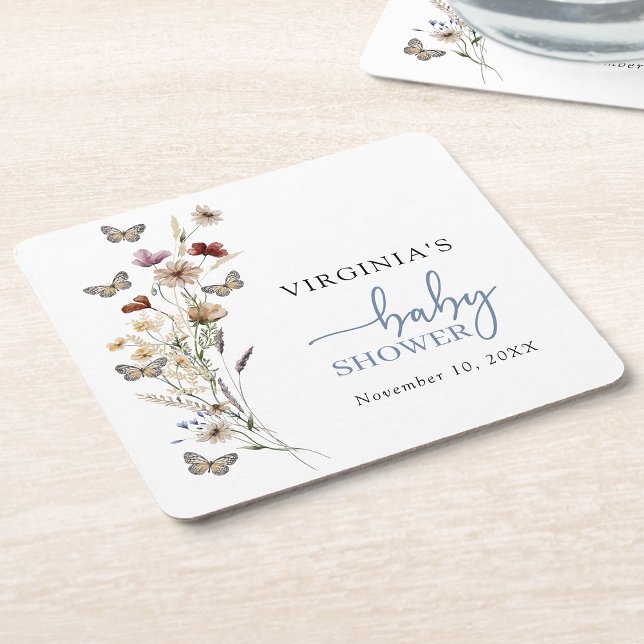 Blue Boho Wildflower Baby Shower Coaster (Dusty Blue Boho Wildflower Baby Shower Coaster with Butterflies by Painted Paperie
)