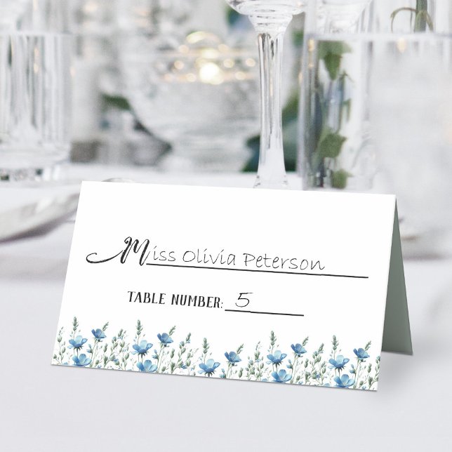 Blue Boho Wildflowers Elegant Wedding Write-In Place Card (Write-in Name and Table Number)