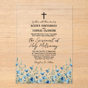 Blue Boho Wildflowers Modern Catholic Wedding Acrylic Invitations