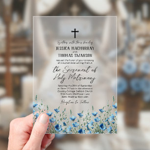 Blue Boho Wildflowers Modern Catholic Wedding Acrylic Invitations