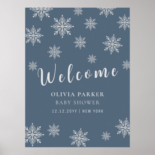 Blue Boho Winter Snow Baby Shower Welcome poster (Front)