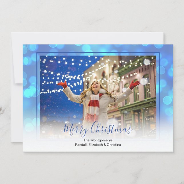 Blue Bokeh and Blue Framed Christmas Photo Holiday Card (Front)