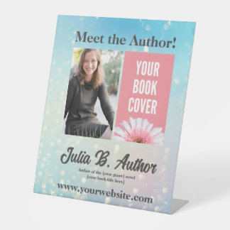 Blue Bokeh Author Book Signing or Book Launch Pedestal Sign