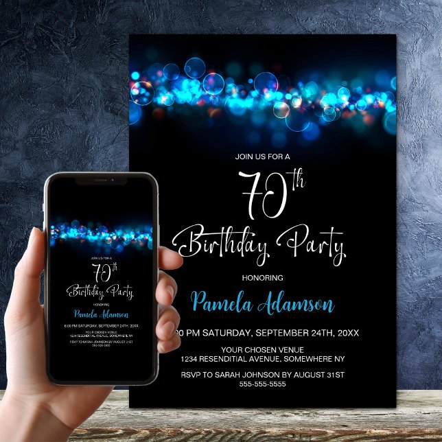 Blue Bokeh Black 70th Birthday Party Invitation (Creator Uploaded)