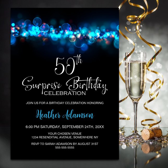 Blue Bokeh Black Surprise 50th Birthday Party Invitation (Creator Uploaded)