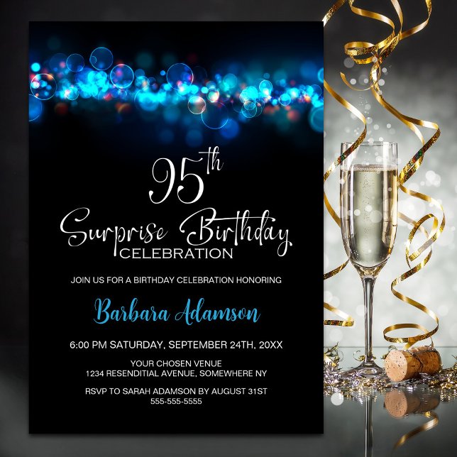 Blue Bokeh Black Surprise 95th Birthday Party Invitation (Creator Uploaded)