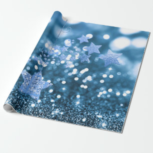 Blue Bokeh Faux Glitter & Stars Wrapping Paper