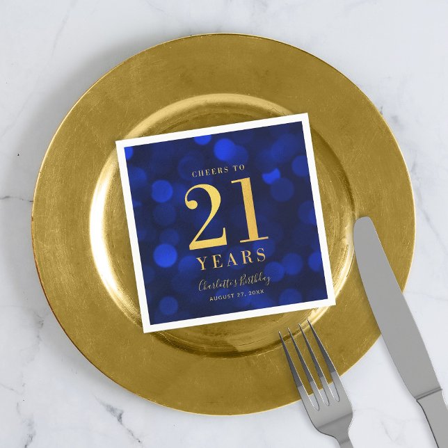 Blue Bokeh Faux Gold Cheers to 21 Years Birthday Napkin (Creator Uploaded)