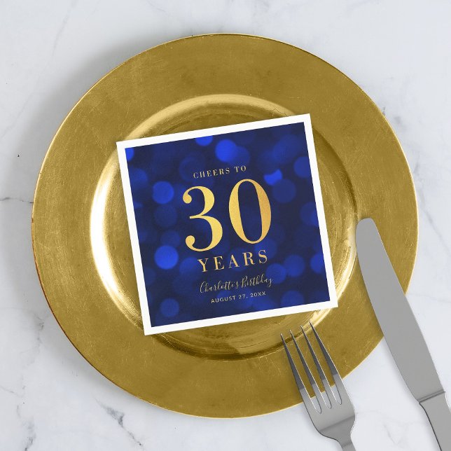 Blue Bokeh Faux Gold Cheers to 30 Years Birthday Napkin (Creator Uploaded)