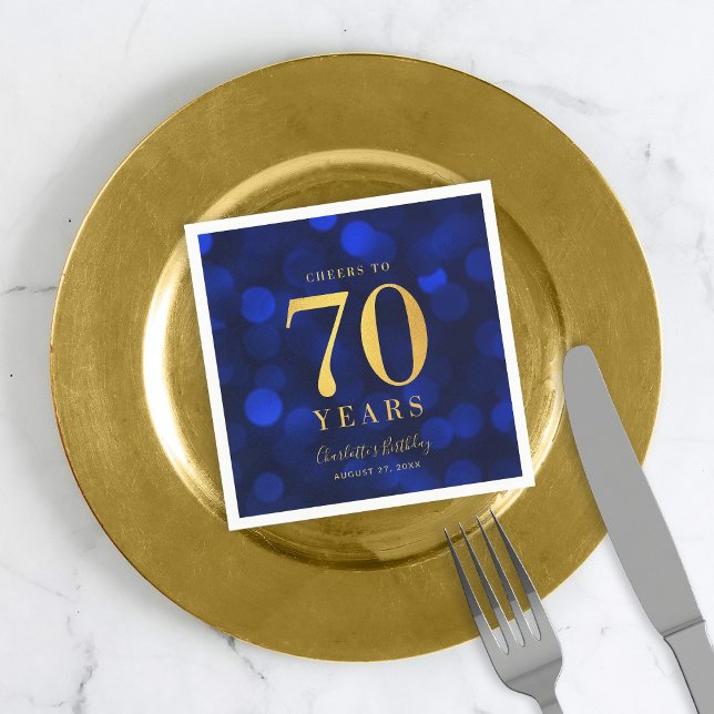 Blue Bokeh Faux Gold Cheers to 70 Years Birthday Napkin (Creator Uploaded)