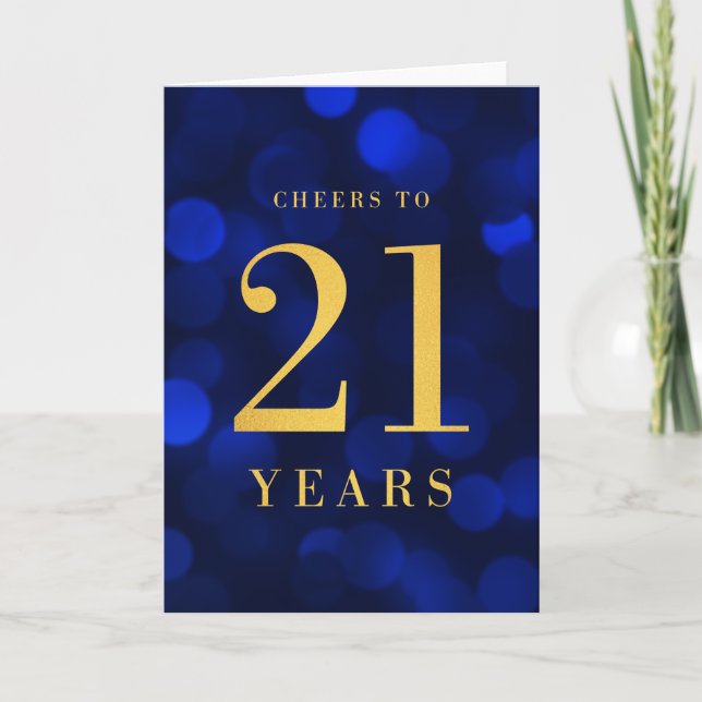 Blue Bokeh Gold Cheers to 21 Years Birthday Card (Front)