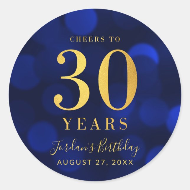 Blue Bokeh Gold Cheers to 30 Years Birthday Classic Round Sticker (Front)