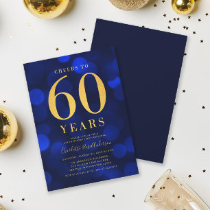 Blue Bokeh Gold Cheers to 60 Years Birthday Party Invitation